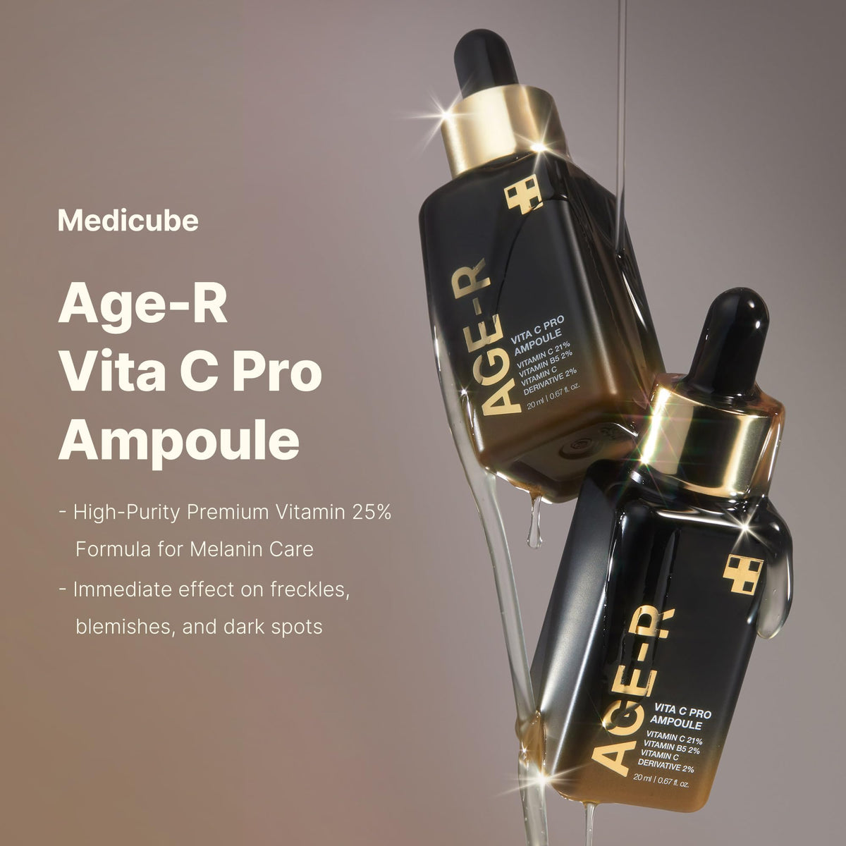 Medicube Age-R Vita C Pro Ampoule dropper closeup emphasizes smooth texture and absorption.