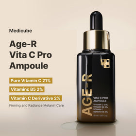 Medicube Age-R Vita C Pro Ampoule serum texture closeup highlights lightweight, quick-absorb formula.