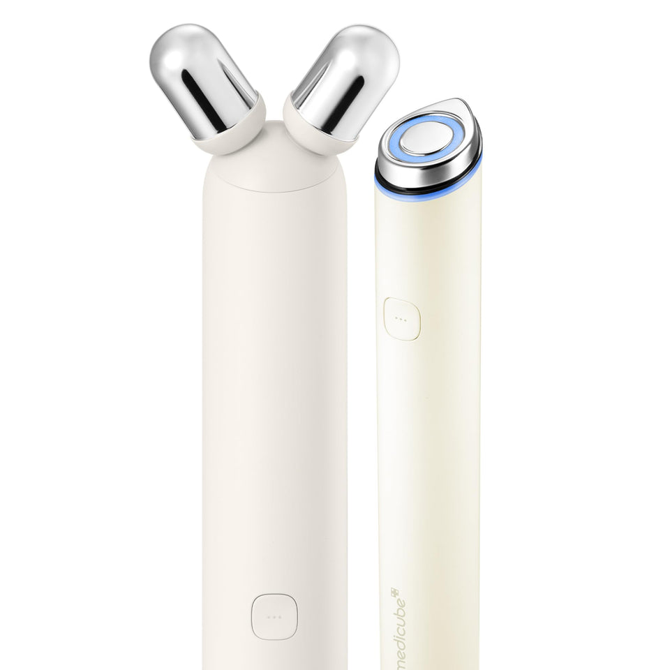 Medicube booster face-roller head in use for targeted facial massage benefits.