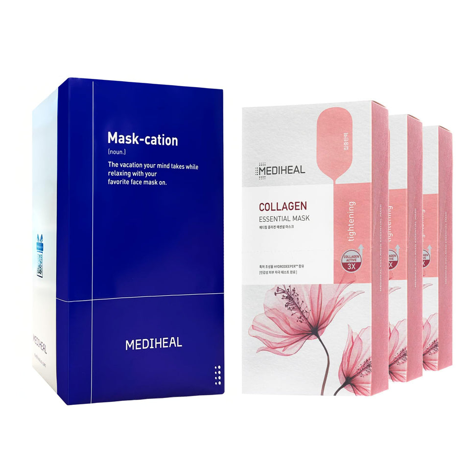Mediheal Collagen Essential Mask packaging shows a 30-count value set for easy daily care