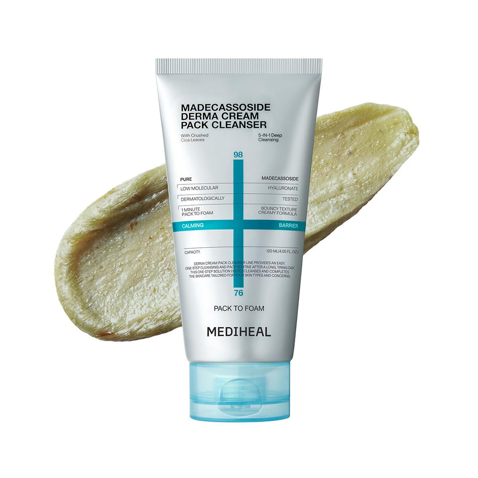 Mediheal Derma Cream Pack Cleanser packaging demonstrates a quick, pore-clearing routine.