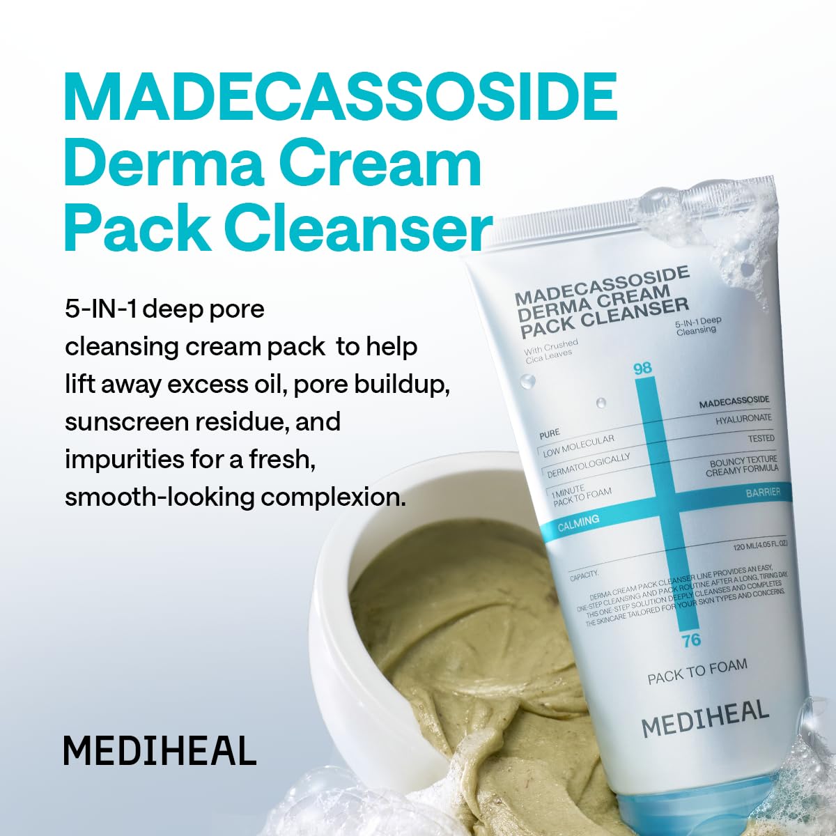 Mediheal Derma Cream Pack Cleanser texture close-up shows rich, elastic cream consistency.