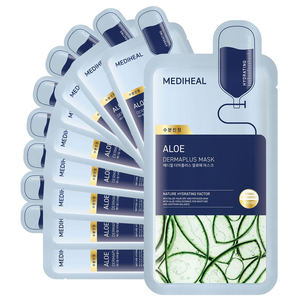 Mediheal Dermaplus Aloe Mask packaging highlights vegan fabric and hydration potential.