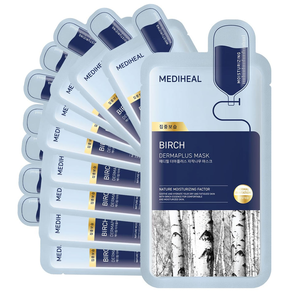 Mediheal Dermaplus Birch Mask packaging shows vegan formula for daily hydration