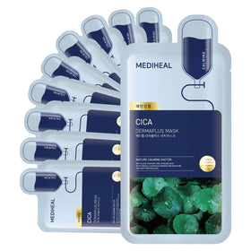 Mediheal Dermaplus Cica Mask packaging shows vegan formula for calm skin