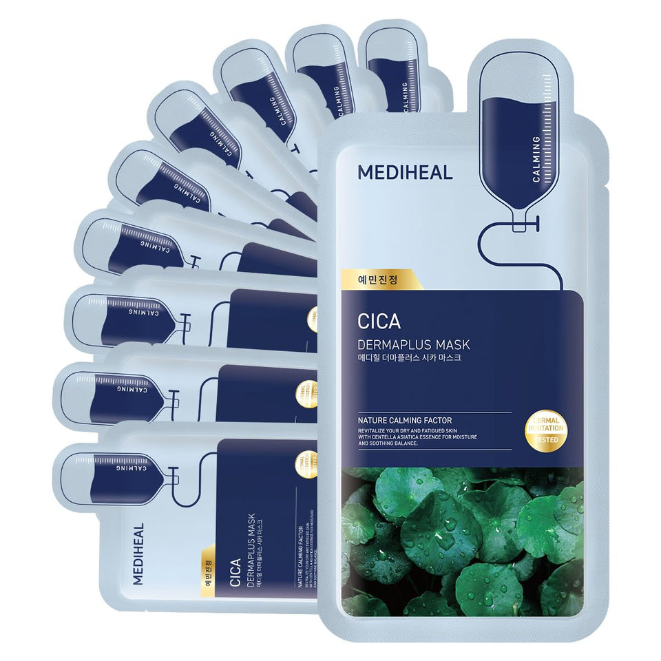 Mediheal Dermaplus Cica Mask packaging shows vegan formula for calm skin