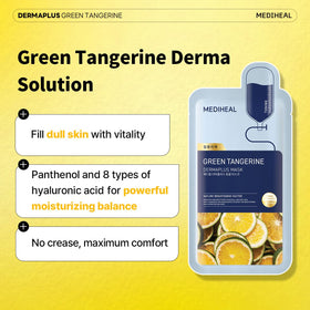 Mediheal Dermaplus Green Tangerine Mask application on face delivering soothing hydration.