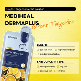 Mediheal Dermaplus Green Tangerine Mask ingredients featuring panthenol and hyaluronic acid.