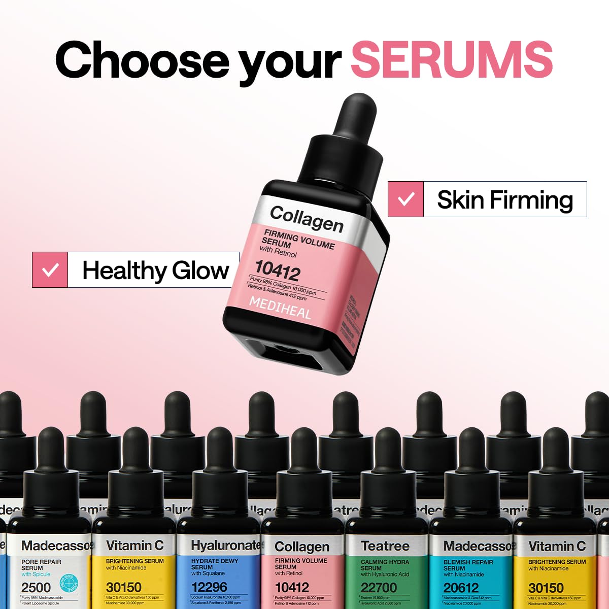 Mediheal Firming Volume Serum bottle label close-up highlights vegan-certified formula.