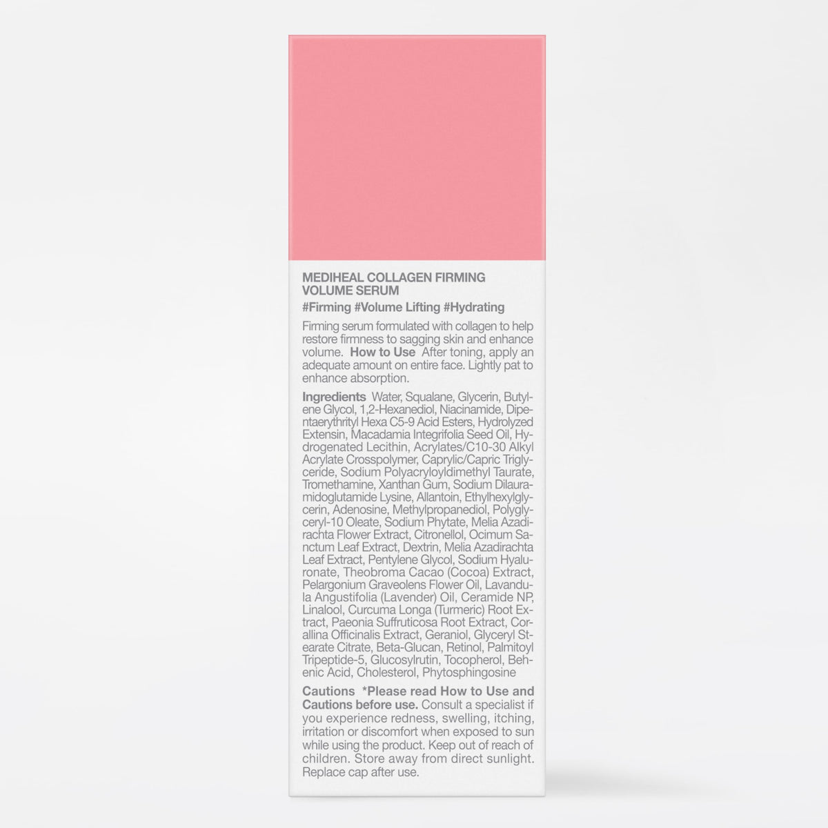 Mediheal Firming Volume Serum box packaging opens to reveal branding and product.