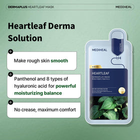 Close-up of Mediheal Dermaplus Heartleaf Mask essence on skin for hydration.