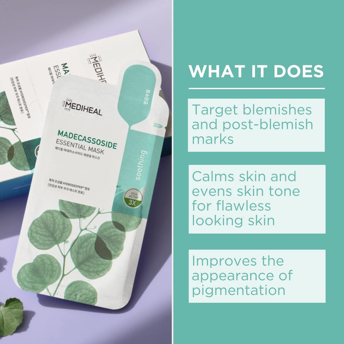 Applying Mediheal Madecassoside sheet mask, silky sheet hugs contours for deep absorption.