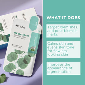 Applying Mediheal Madecassoside sheet mask, silky sheet hugs contours for deep absorption.