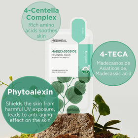 Mediheal Madecassoside sheet mask close-up, biodegradable sheet and eco-friendly packaging.