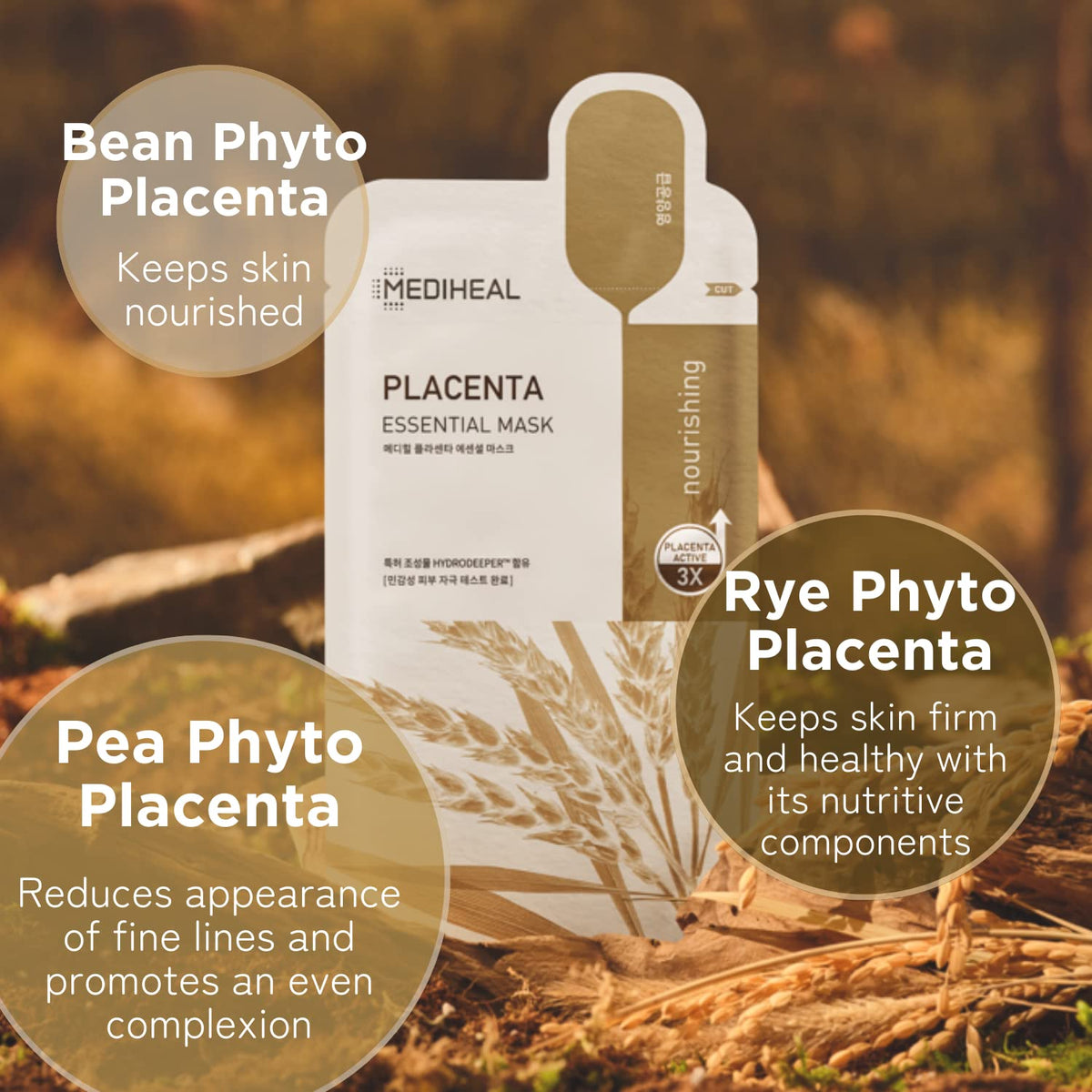 Close-up of phyto placentas from rye, soybean, and pea nourishing skin vitality.