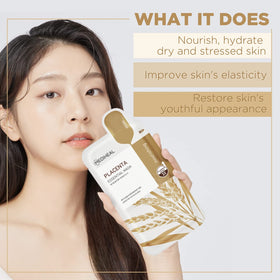 Mediheal Placenta Essential Mask applied on face for hydration and smoothness.