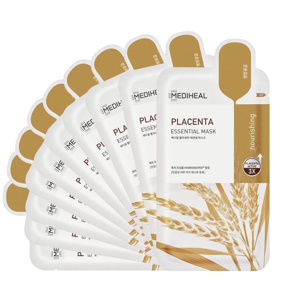 Mediheal Placenta Essential Mask packaging with eco-friendly design and details.