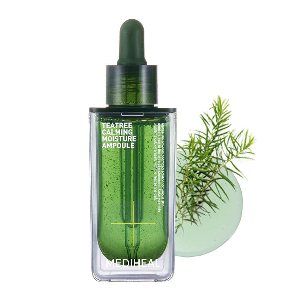 Mediheal Teatree Calming Ampoule bottle shows soothing hydration for sensitive skin.