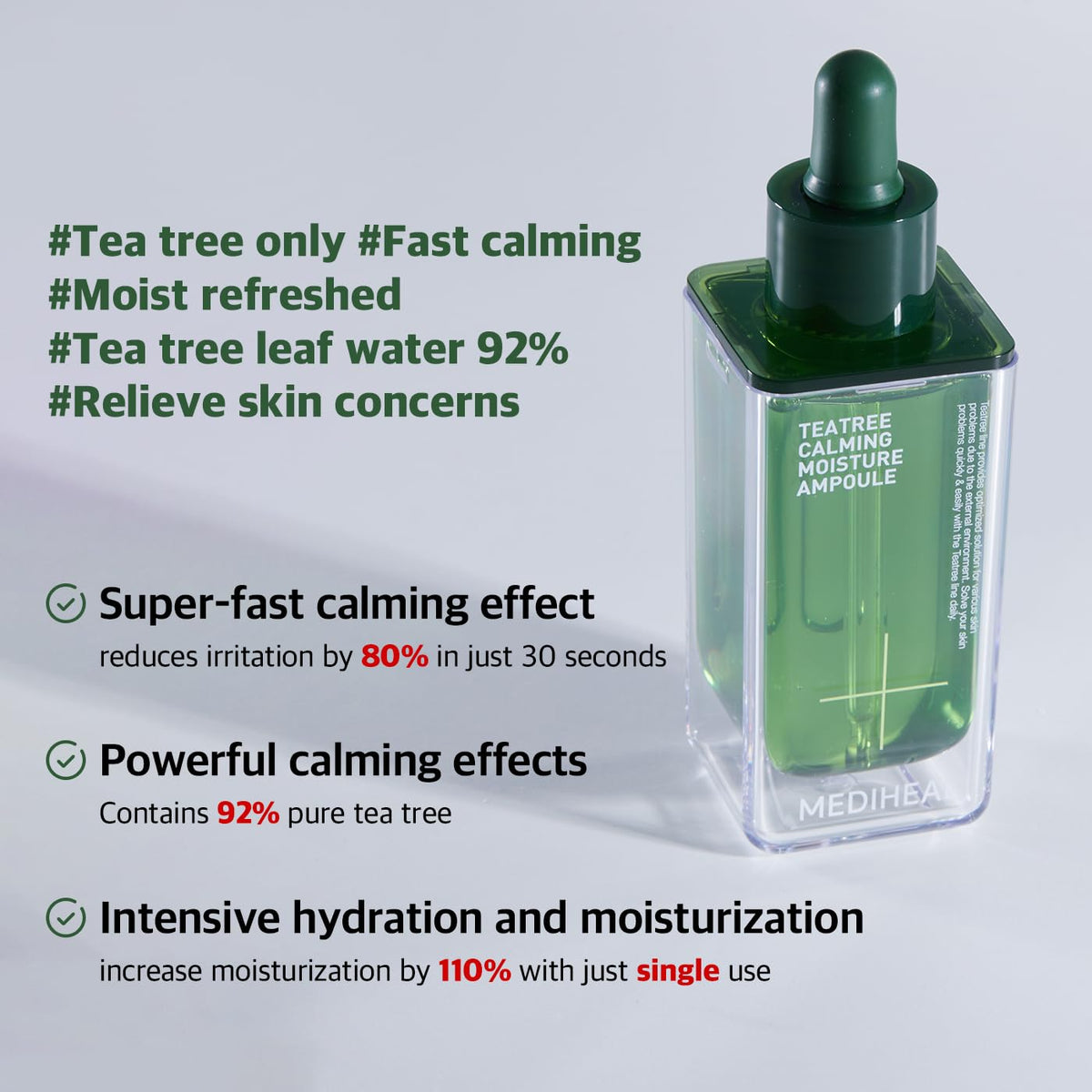 Mediheal Teatree Calming Ampoule dispense demonstrates quick, easy application control.