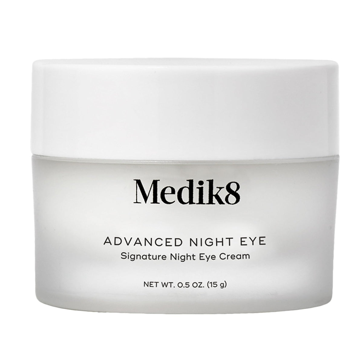 Medik8 Advanced Night Eye Cream jar closeup showing rich texture for overnight hydration.