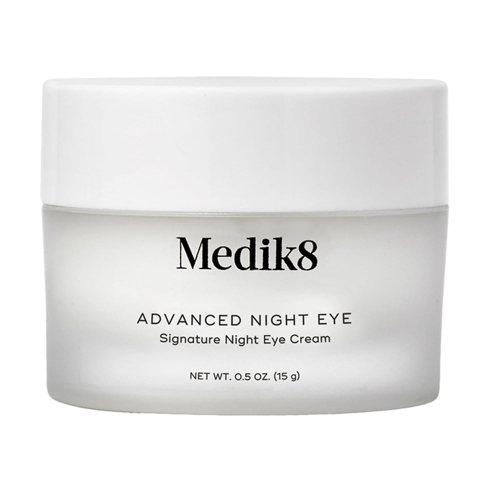 Medik8 Advanced Night Eye Cream jar closeup showing rich texture for overnight hydration.