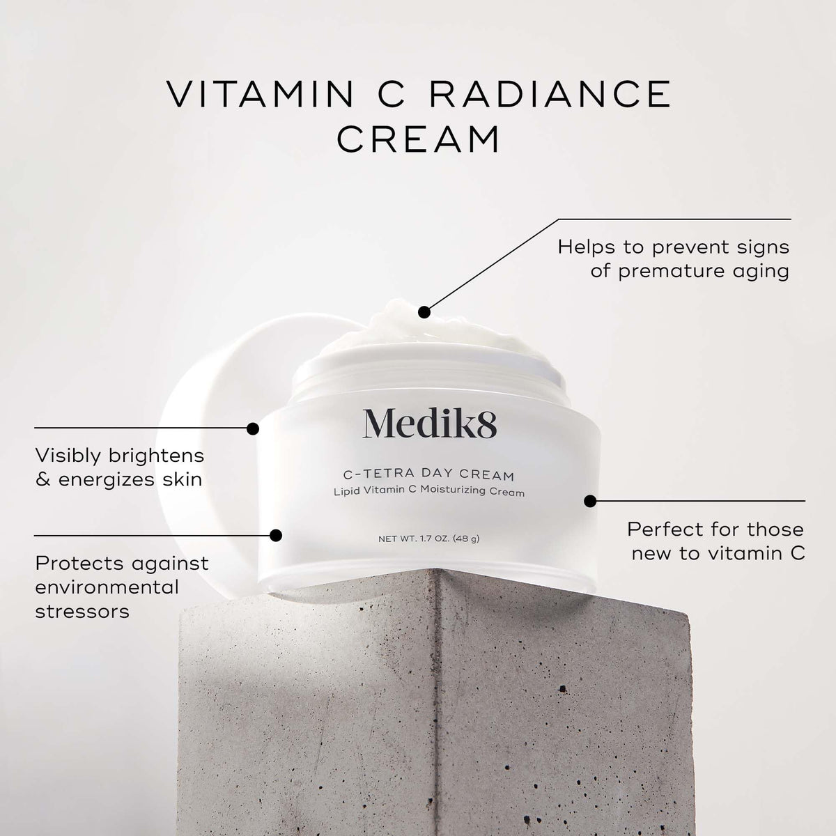 Medik8 C-Tetra Day Cream texture swirl highlights fast absorption.