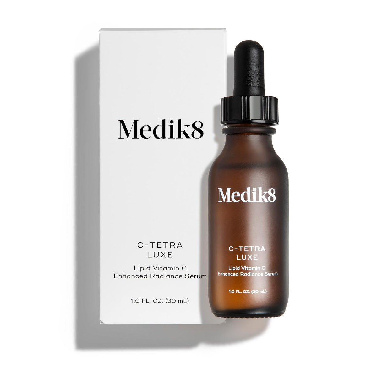 Medik8 C-Tetra Luxe bottle closeup highlighting antioxidant protection for radiant skin