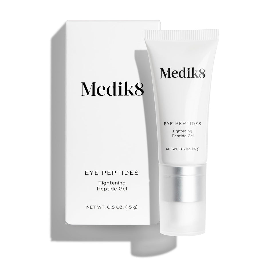Medik8 Eye Peptides Gel bottle highlighting daily under-eye hydration and care.