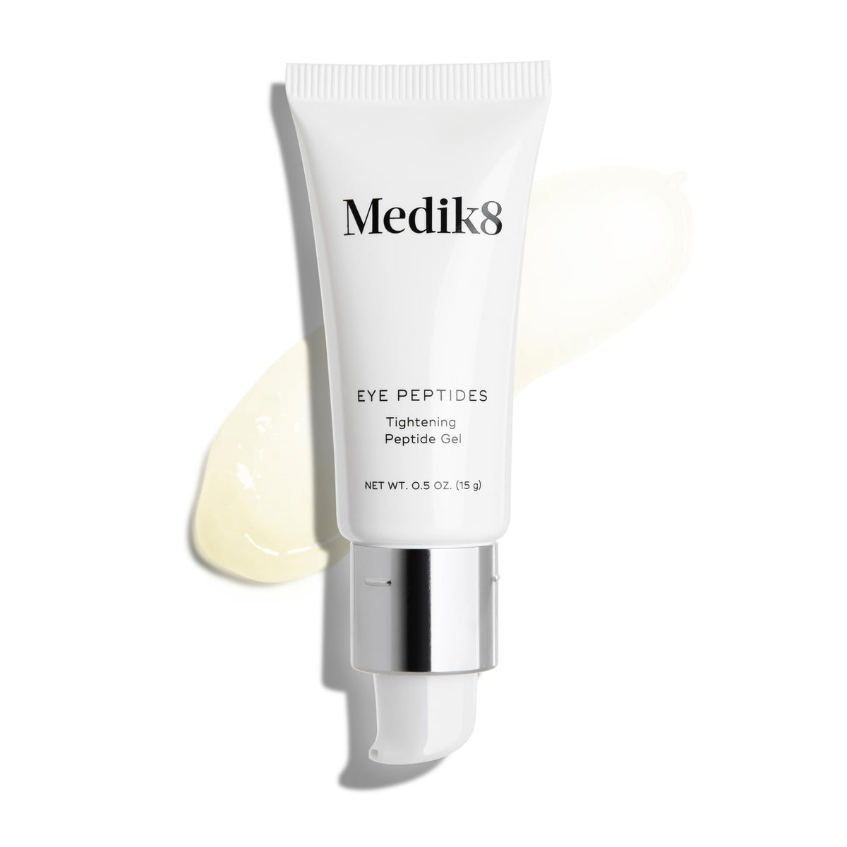 Medik8 Eye Peptides Gel packaging shows vegan and gluten-free formula for clean skincare.