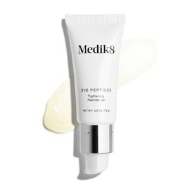Medik8 Eye Peptides Gel packaging shows vegan and gluten-free formula for clean skincare.