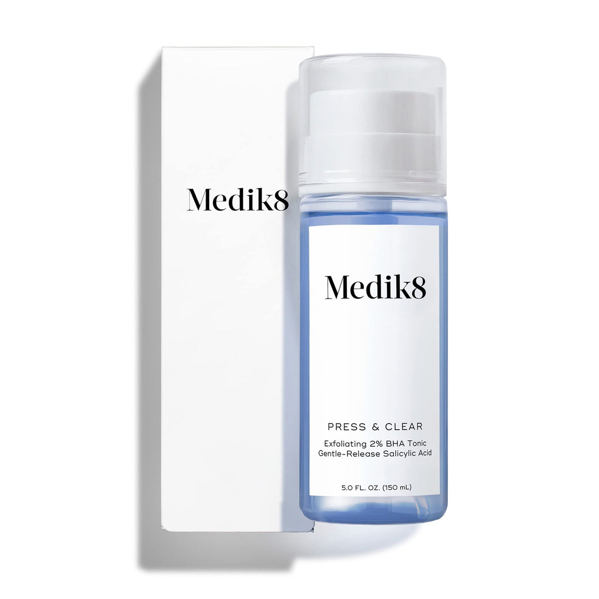 Medik8 Press and Clear toner bottle promoting balanced skin texture and clarity.