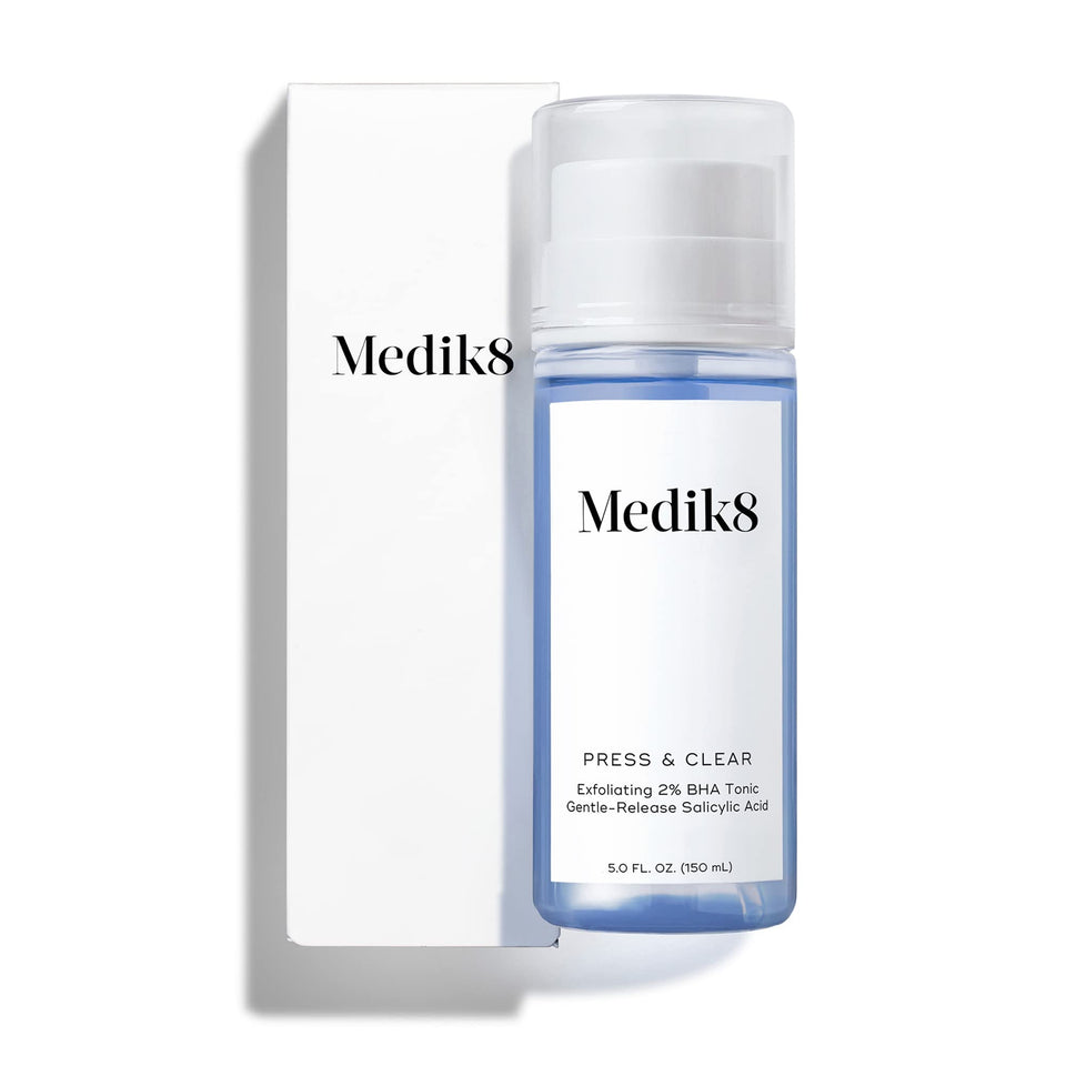 Medik8 Press and Clear toner bottle promoting balanced skin texture and clarity.