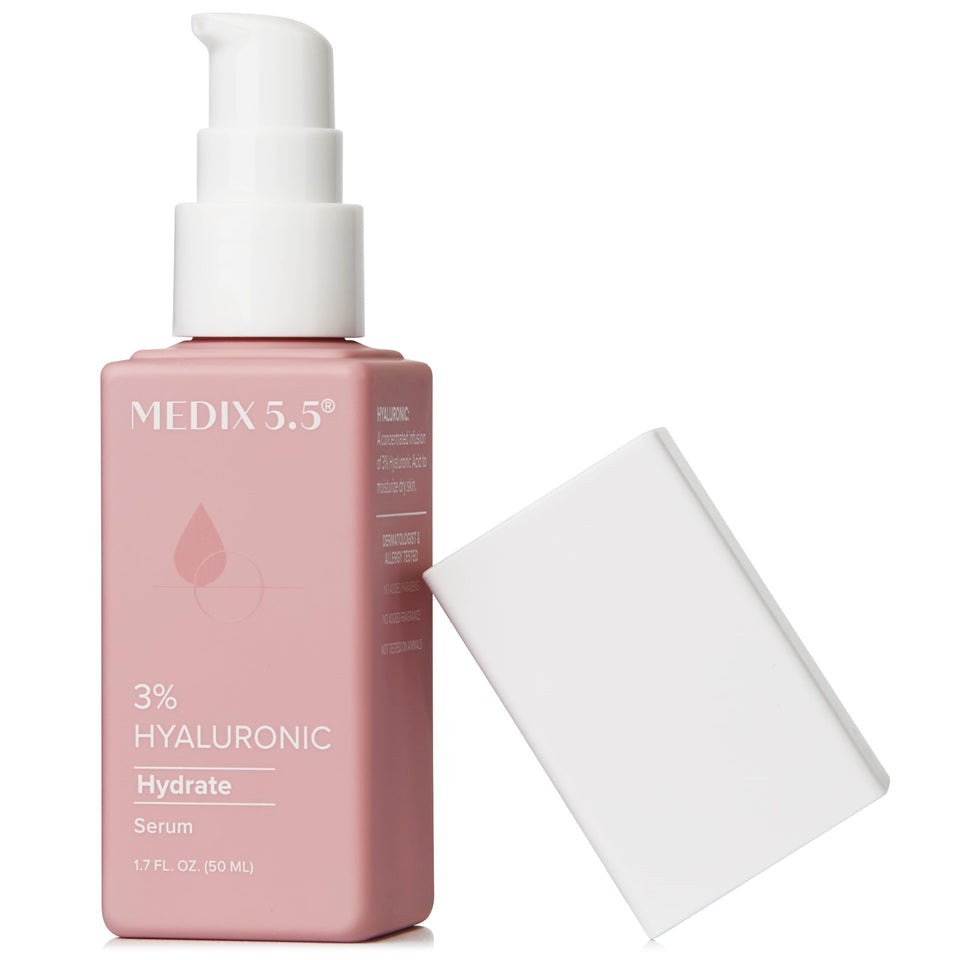 Medix 5.5 Hyaluronic Acid booster bottle offering deep hydration.