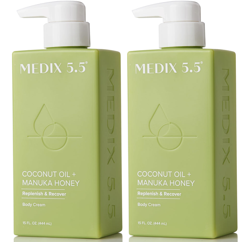 Medix 5.5 Coconut Oil Lotion bottle provides deep hydration for dry skin
