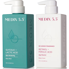 MEDIX 5.5 exfoliating glycolic acid body wash bottle for smoother, refreshed skin.