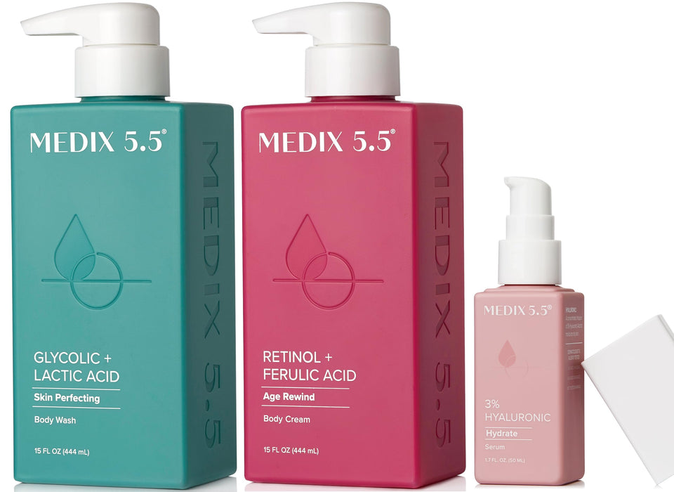 Medix 5.5 Retinol Body Cream bottle showing firming and smoothing potential