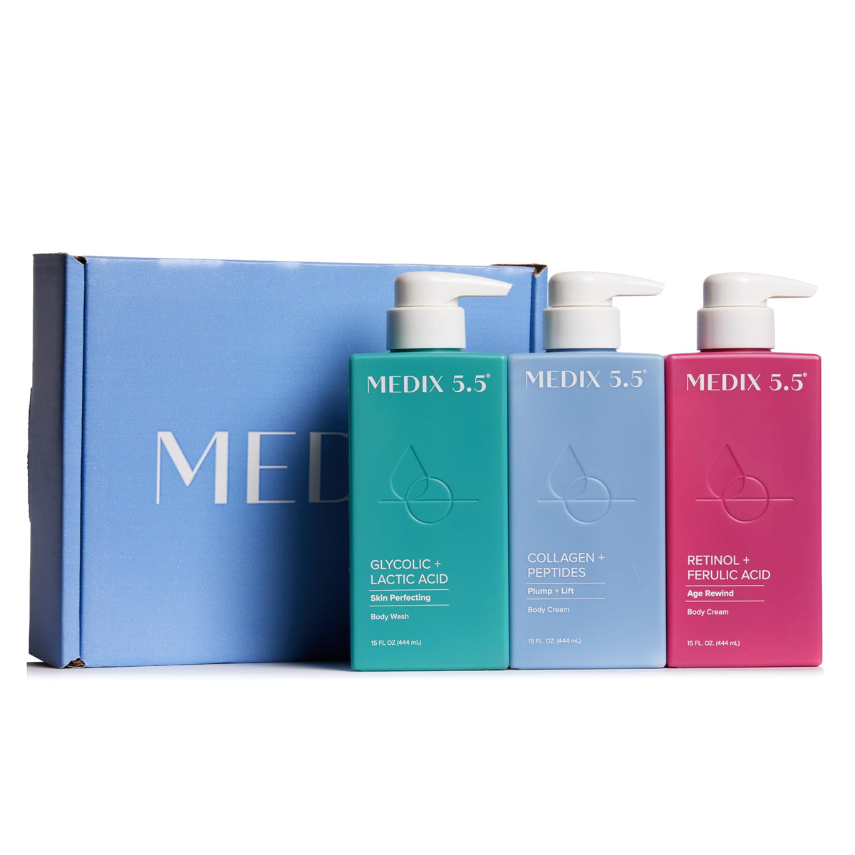 Medix 5.5 Smooth and Firm set wash with glycolic exfoliation for refreshed, smooth skin.