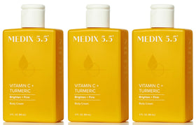 Medix 5.5 Vitamin C body lotion in a jar for radiant, hydrated skin.