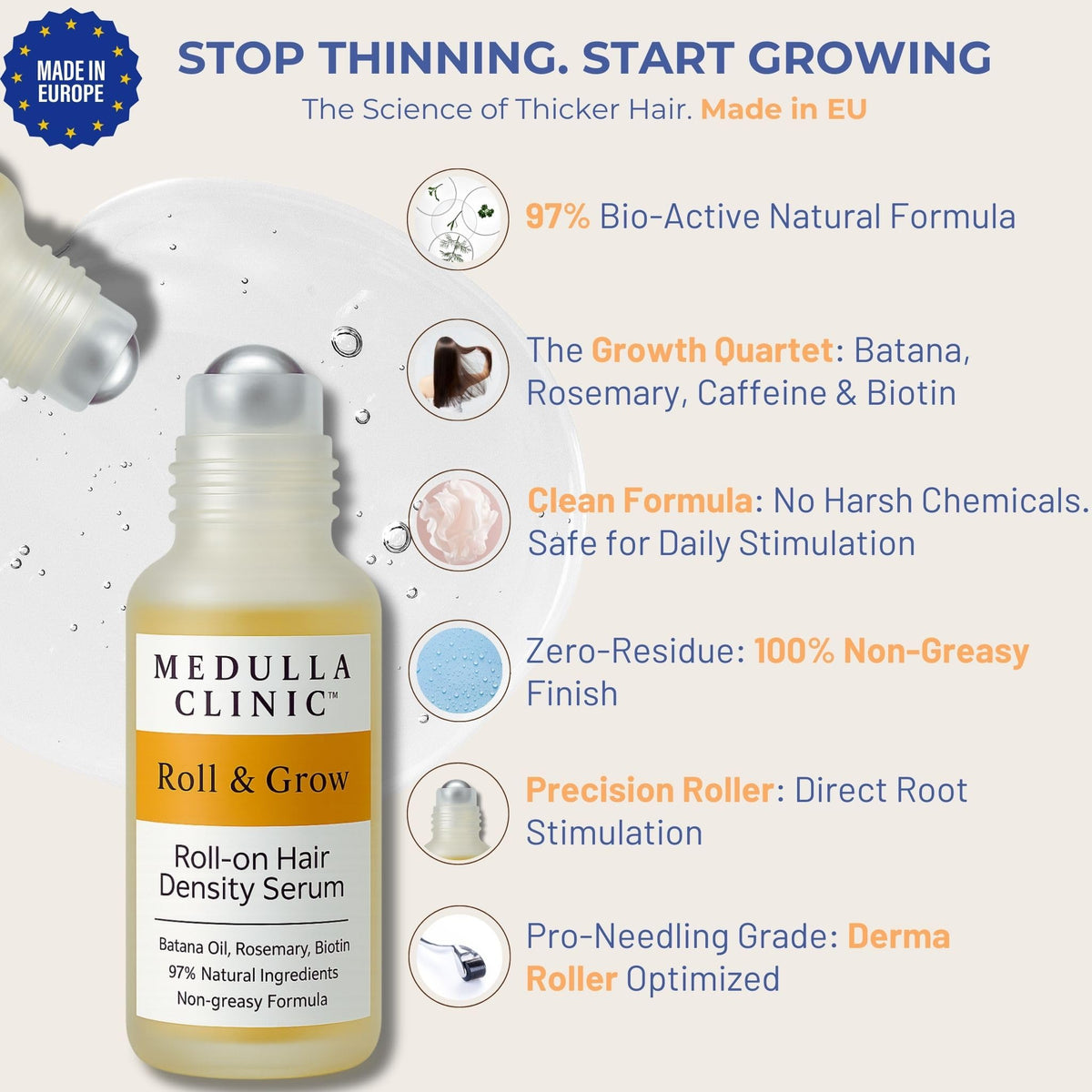 Medulla Clinic precision roll-on applying serum directly to the scalp for thinning areas