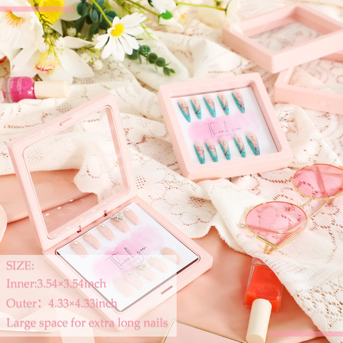 Meekoo 3D floating frame display, transparent case enhances nail presentation.
