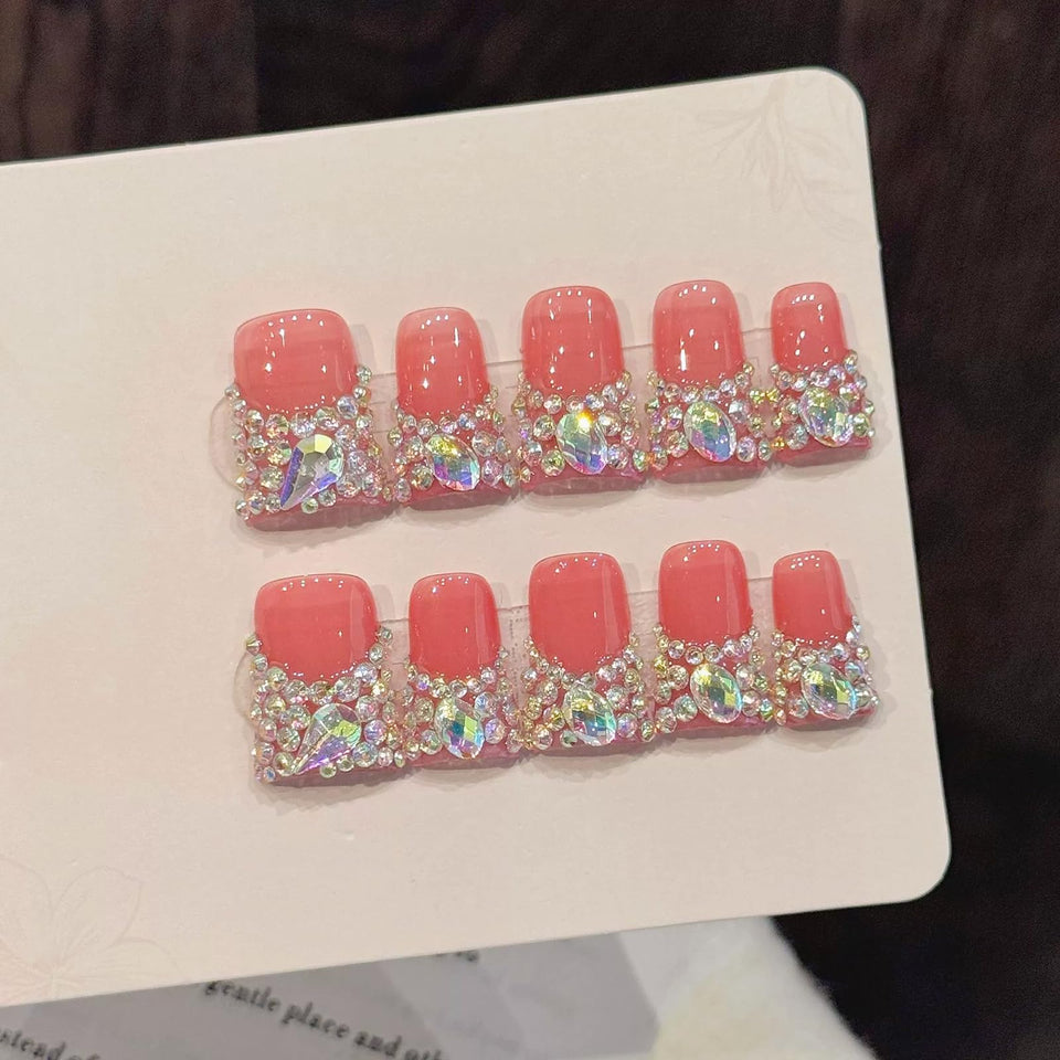 Meemooron Duck Nails with pink French tips and 3D rhinestones for chic evenings.