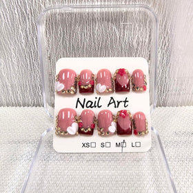 Meemooron press-on nails square short with French tip and 3D flowers for a luxe look.