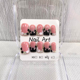 Meemooron square short nails with black French tip and 3D bow for elegant daily wear