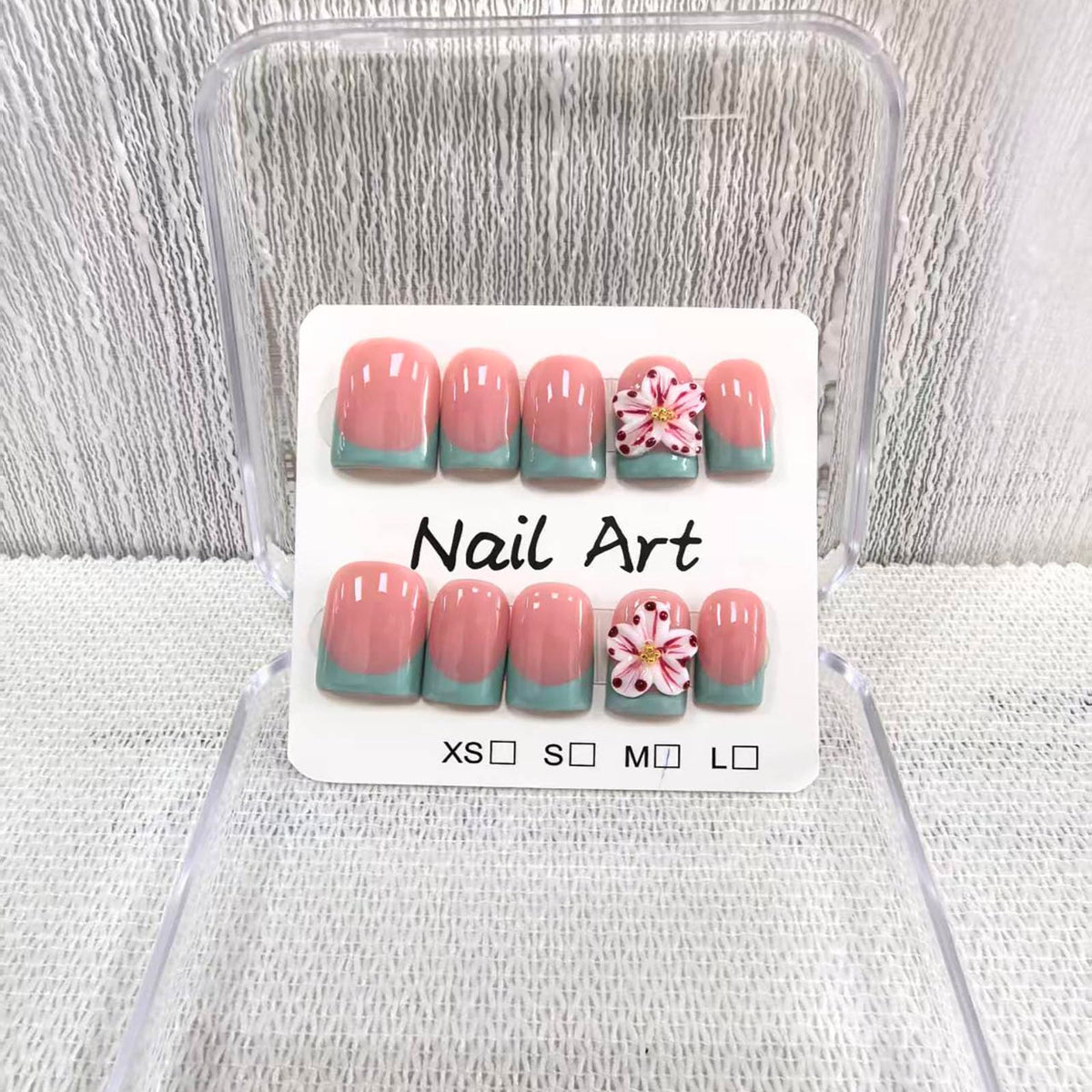 Meemooron square short nails with green French tip and 3D flowers for chic everyday wear.