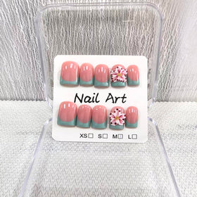 Meemooron square short nails with green French tip and 3D flowers for chic everyday wear.