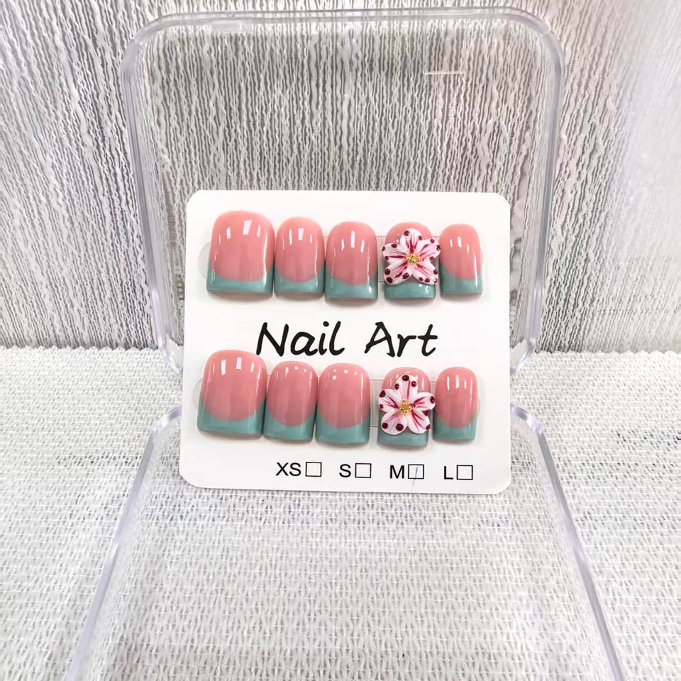 Meemooron square short nails with green French tip and 3D flowers for chic everyday wear.