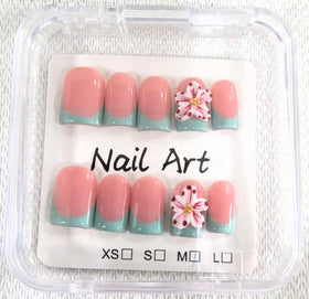 Meemooron green French tip nails with 3D blossoms, ideal for party-ready vibes.