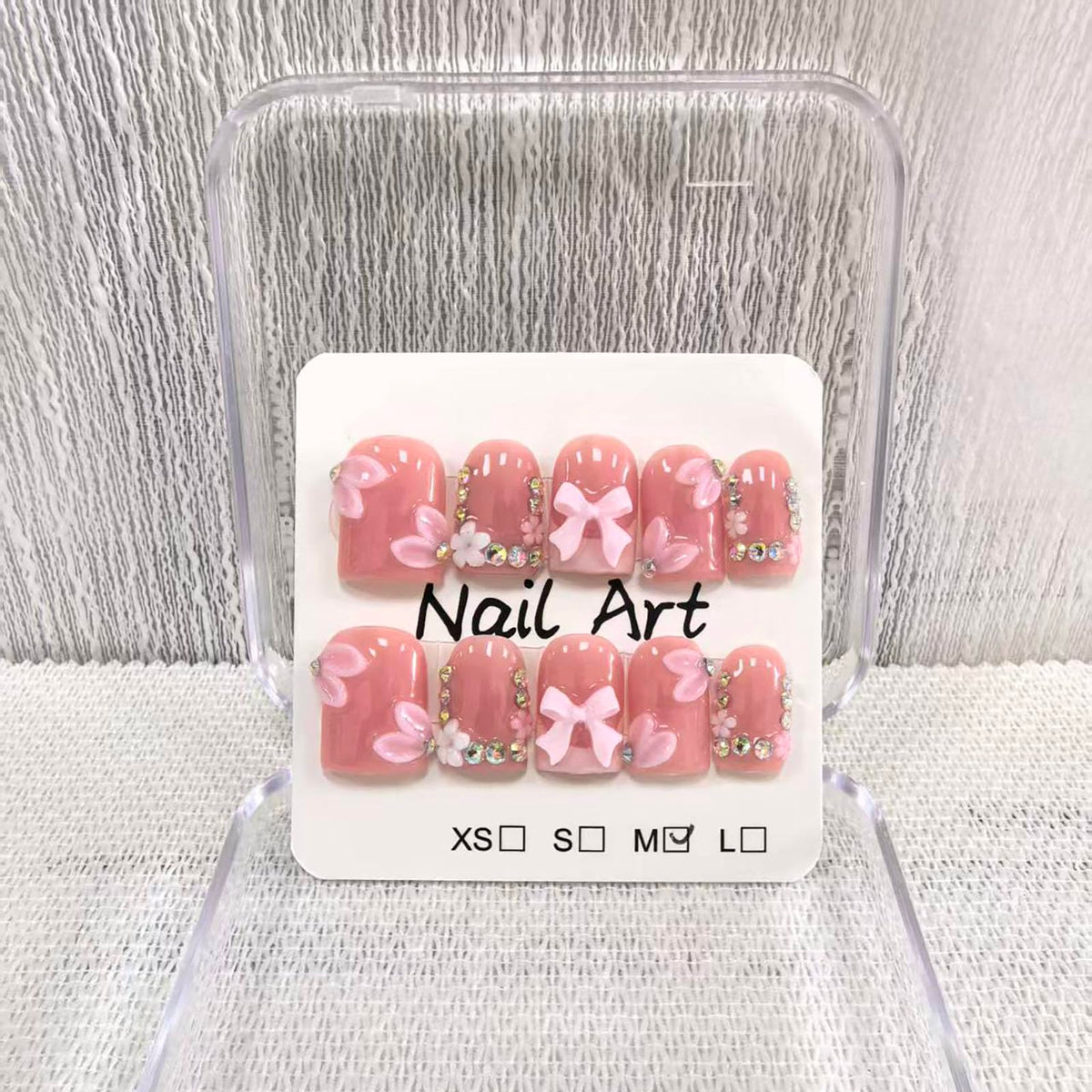 Meemooron square short nails with pink French tip and 3D bows for chic daily wear.