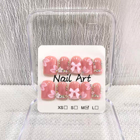 Meemooron square short nails with pink French tip and 3D bows for chic daily wear.