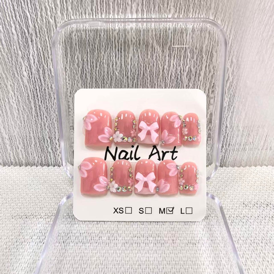 Meemooron square short nails with pink French tip and 3D bows for chic daily wear.